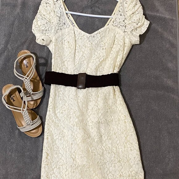 Guess Dresses & Skirts - Guess Ivory Floral Lace Mini Dress with Dark Brown Waist Belt